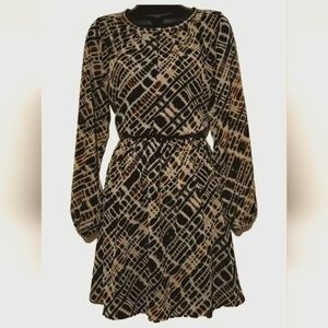 Banana Republic Brown Cream Abstract Print Longsleeve Fit & Flare Dress Med NWT